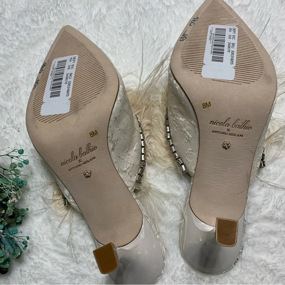 Antonio Melani x Nicola Bathie Liz Ostrich Feathers Rhinestone Dress Mules - Picture 16 of 16